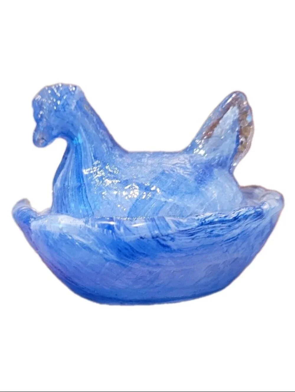 Hen On Nest Salt Cellar Blue Swirled Glass Chicken on Nest Dish Cottage Core